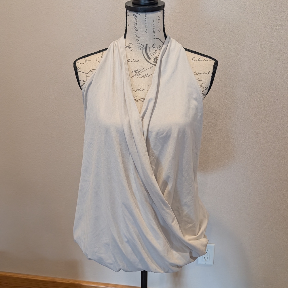 Zenana Outfitters Draped Halter Crossover Tank in Light Beige